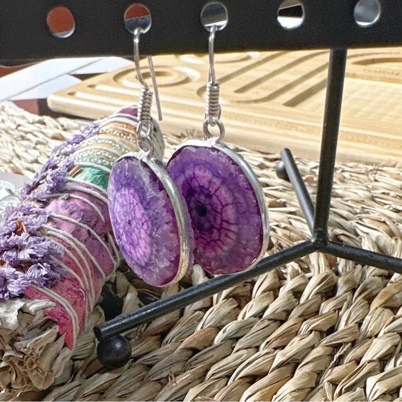 Purple statement earrings/Aura quartz bohemian 925 silver/problem solving - Picture 2 of 5
